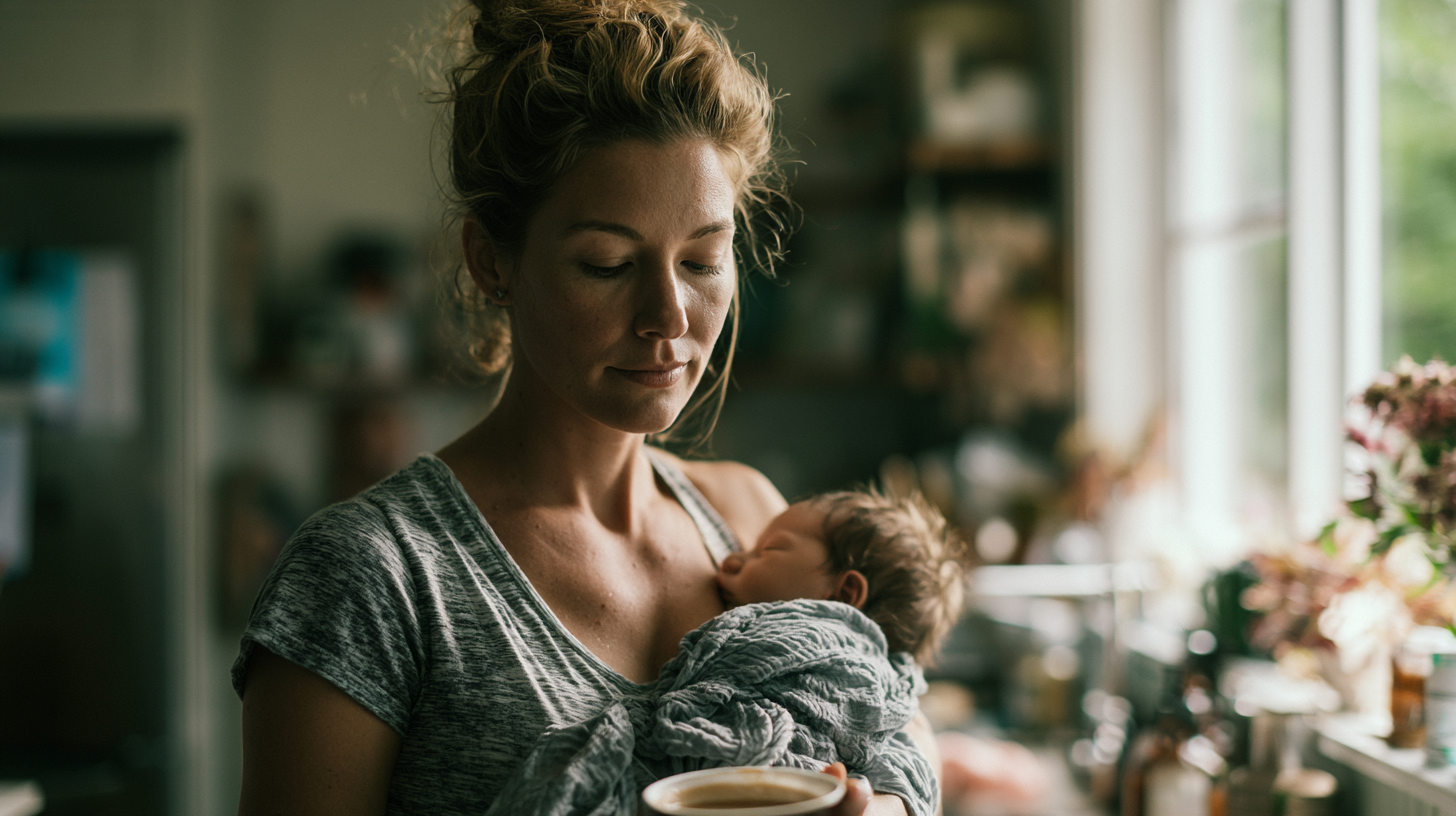 Mother Gently Holds a Sleeping Baby Wrapped in a Gray Blanket in a Sunlit Kitchen by a Window.