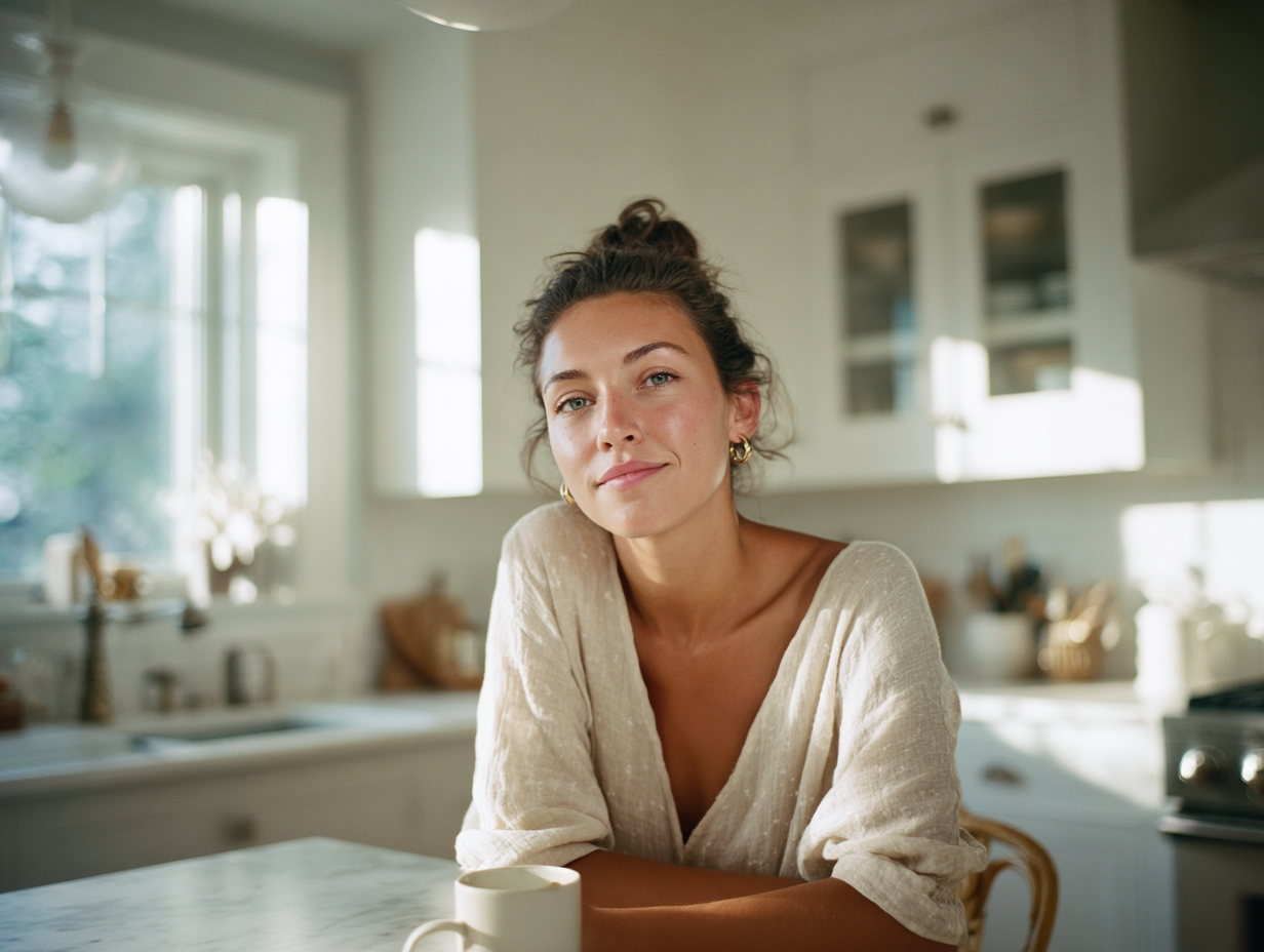 Woman with Brown Hair in a Light Beige Top Leaning on a Marble Kitchen Island in a Sunlit Kitchen.