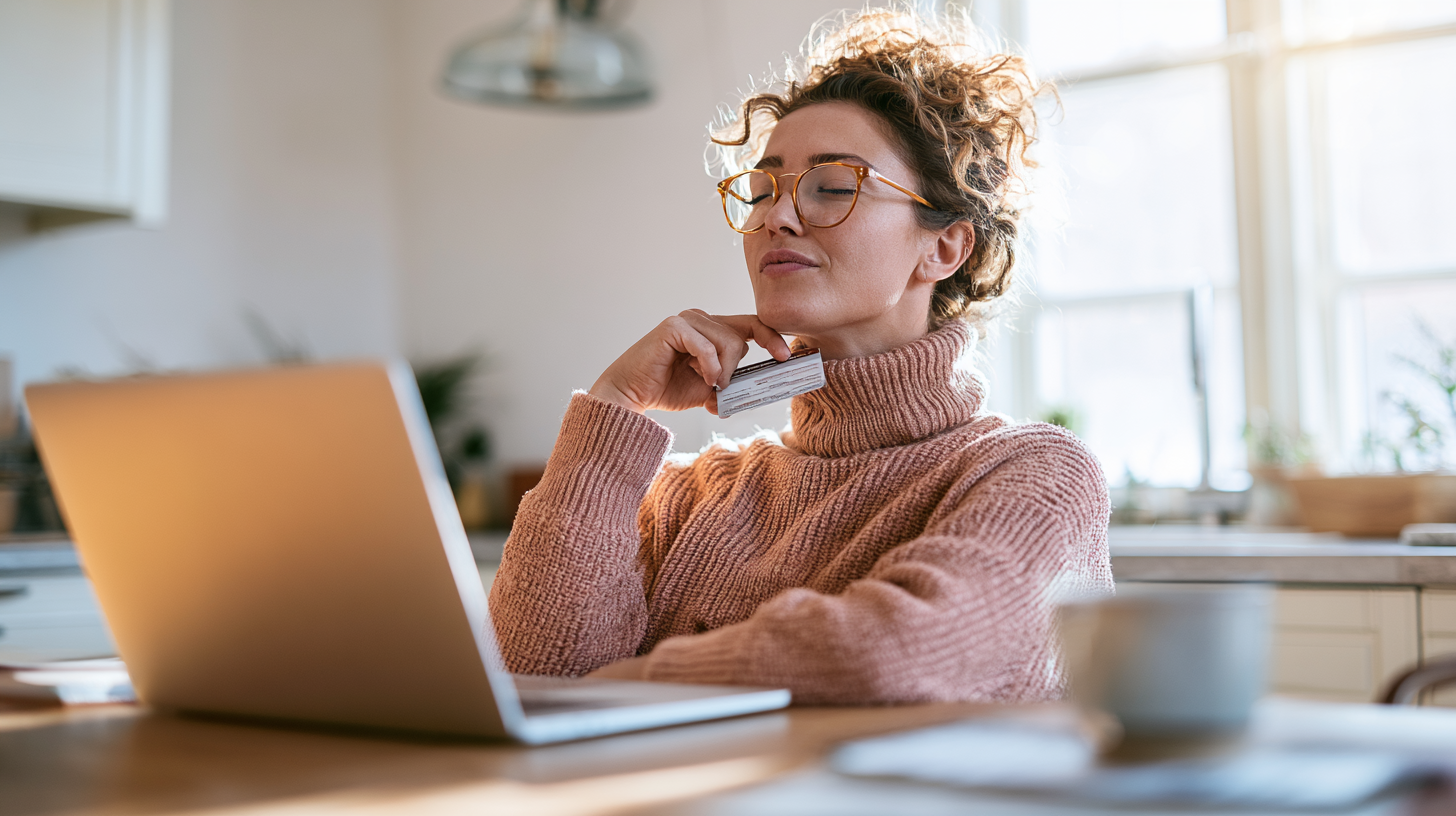 Woman with Glasses in a Pink Knitted Turtleneck Sits at a Wooden Table, Using a Laptop in a Sunlit Kitchen, Holding a Card Near Her Chin.