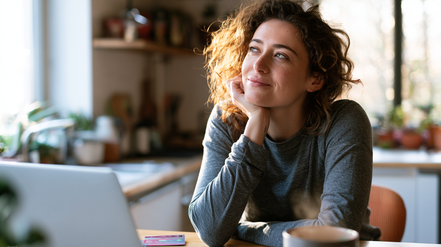 Woman with Curly Hair Sits at a Kitchen Table, Resting Her Chin on Her Hand, Smiling Softly at a Laptop Nearby.