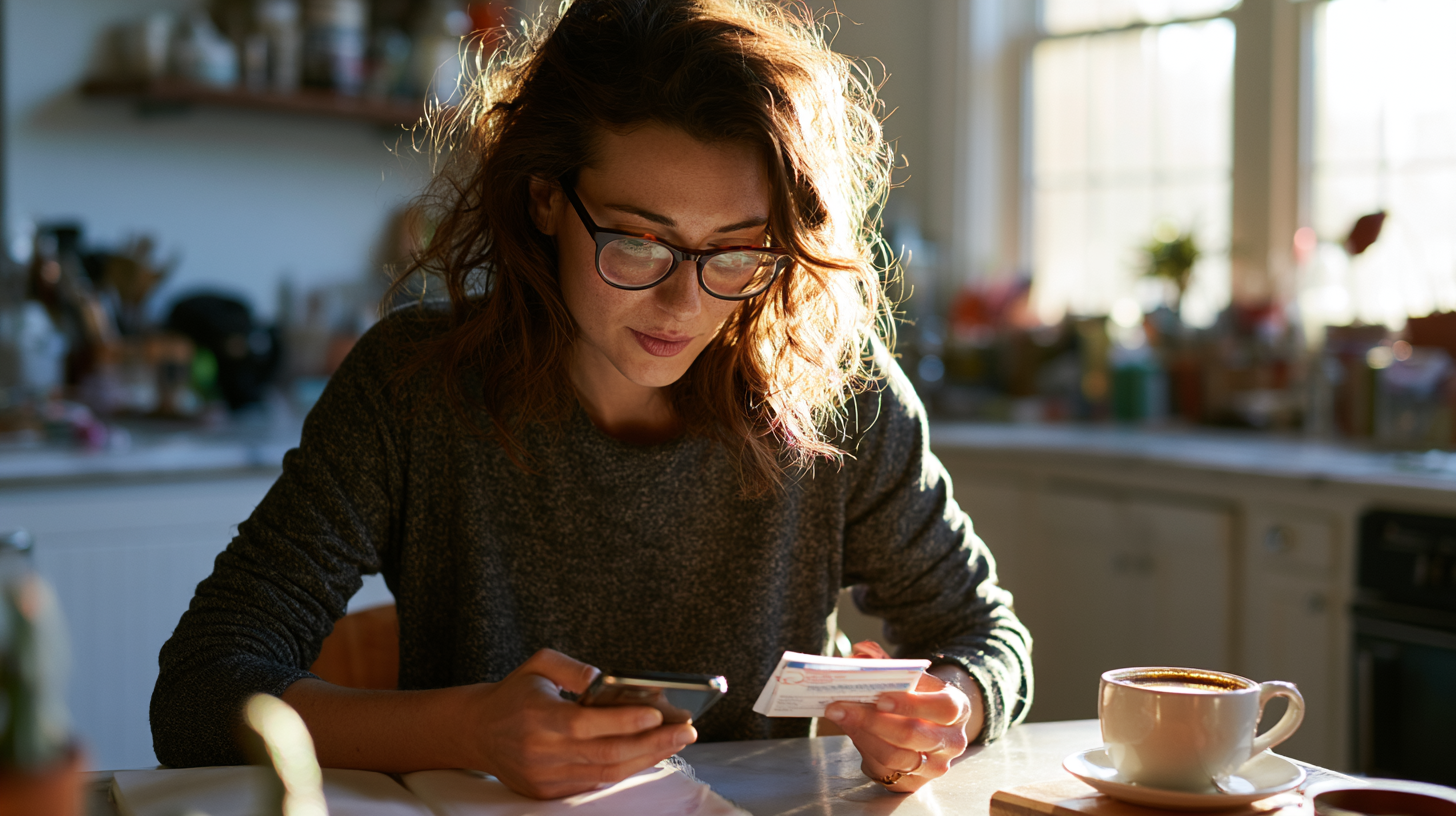 Woman with Glasses Sitting at a Kitchen Table, Looking at Her Smartphone While Holding a Card, with a Cup of Coffee Nearby.