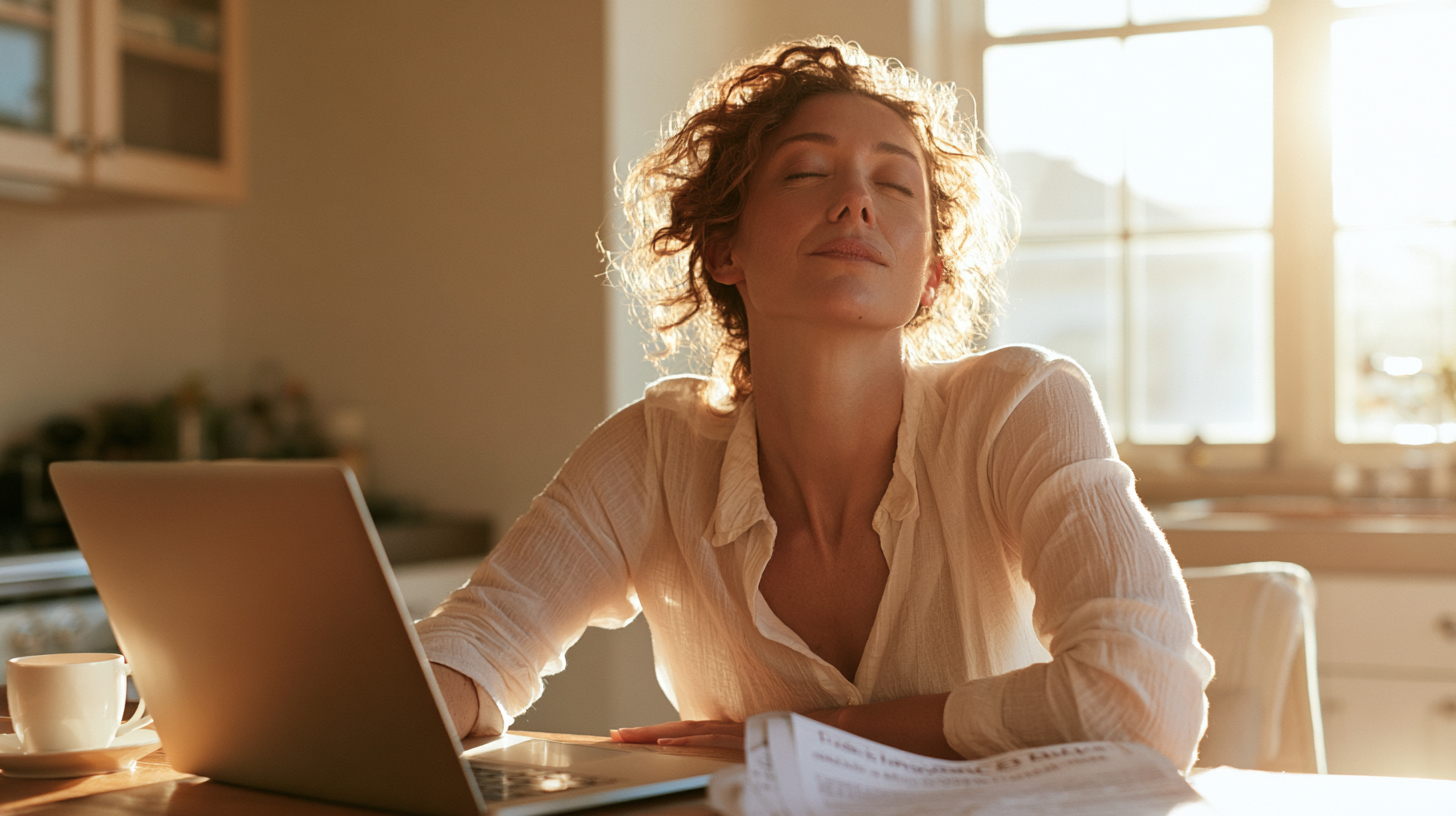 Woman with Curly Hair Sits at a Kitchen Table, Eyes Closed, Basking in Warm Sunlight with a Laptop Nearby.