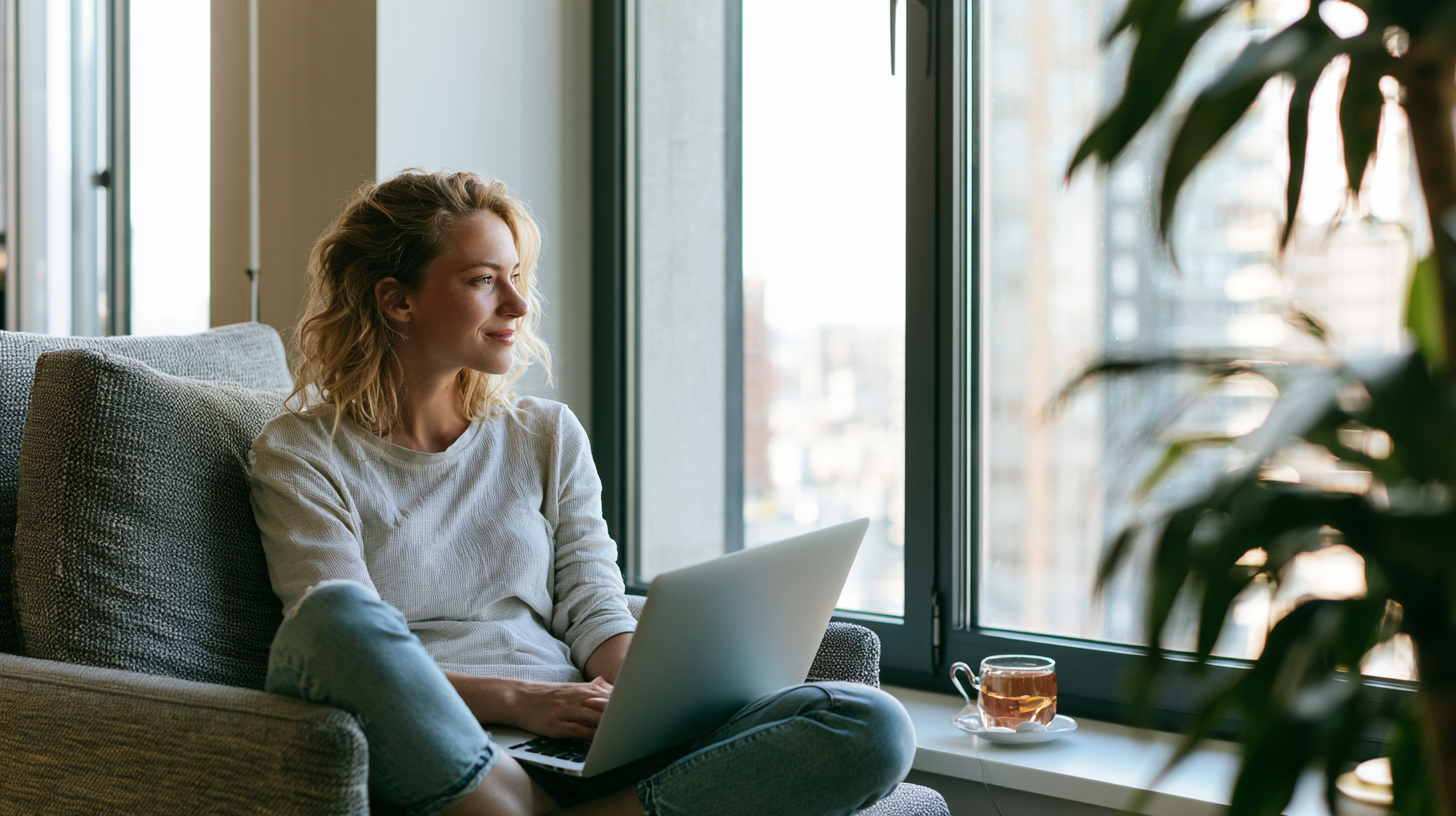Woman with Blonde Hair Sits on a Gray Sofa by a Large Window, Typing on a Silver Laptop with a Cup of Tea Nearby.