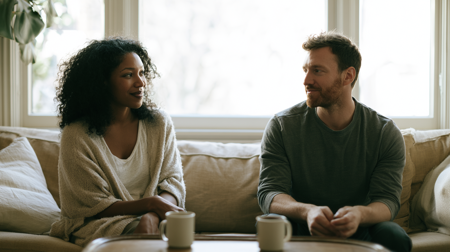 Couples counseling After Infidelity - Caring Clarity Counseling Two People Sit on a Beige Sofa, Chatting over Mugs in a Bright Living Room.