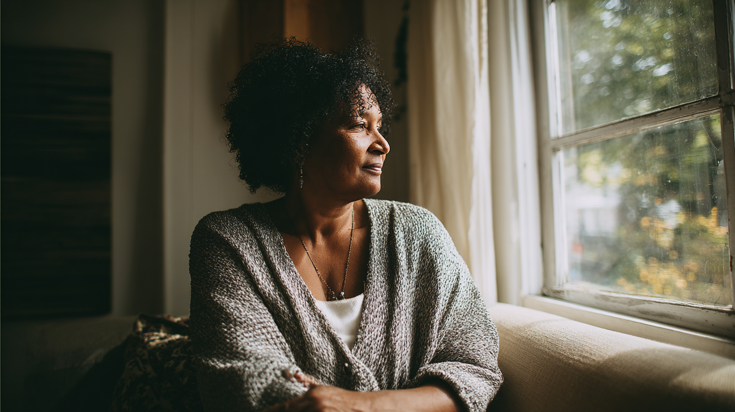 Woman with Short Curly Hair Sits on a Sofa by a Window, Looking Outside Thoughtfully.