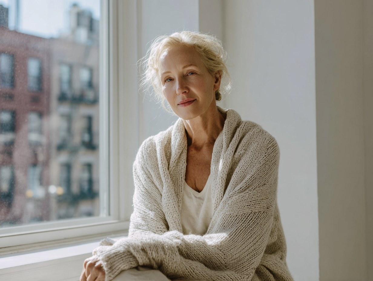 Portrait of an Older Woman with Light Hair Wearing a Cream Knit Cardigan, Sitting by a Sunlit Window and Looking at the Camera.