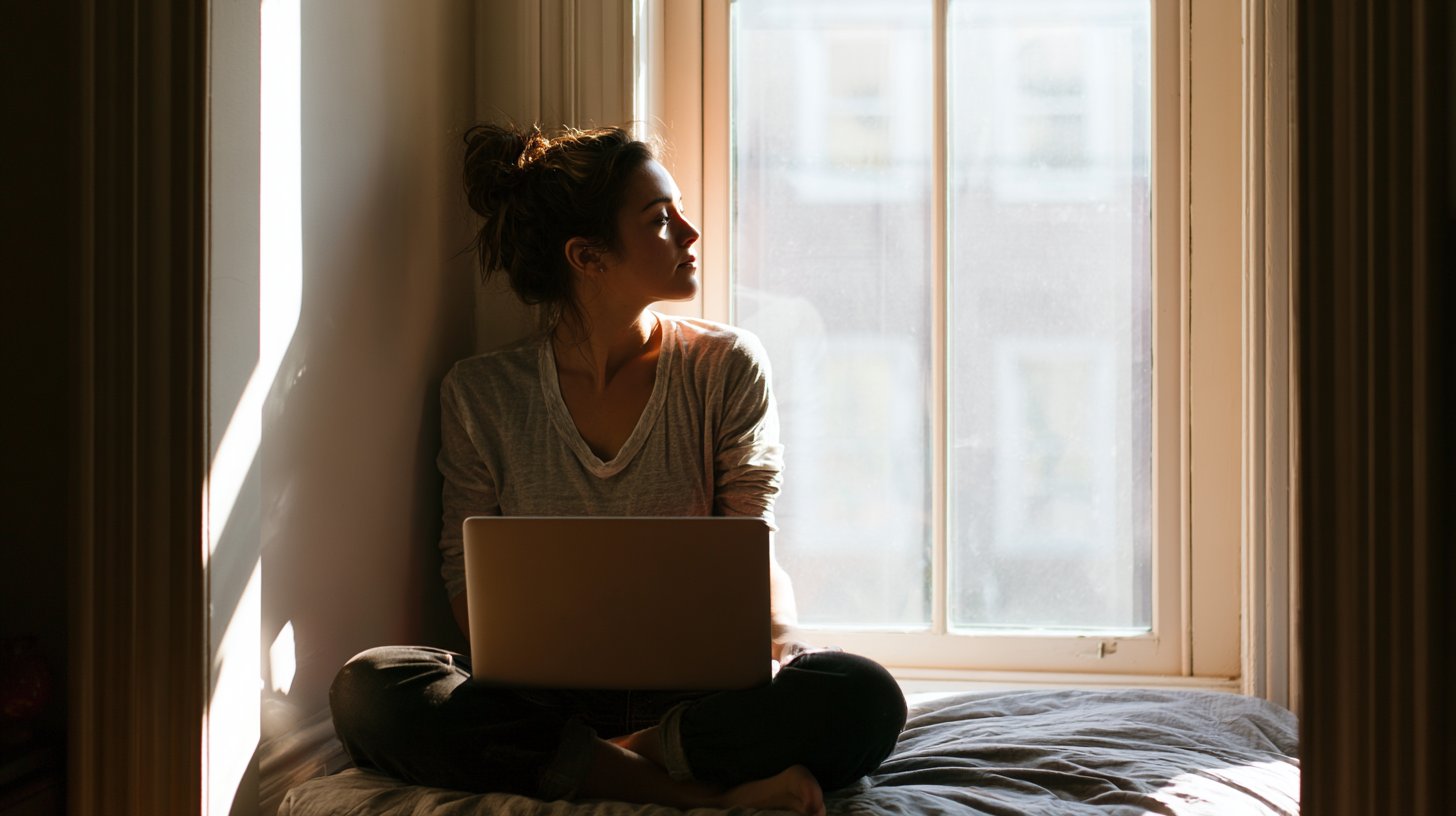 Young Woman Sitting Cross-legged on a Bed by a Window, Using a Laptop and Looking Outside As Sunlight Pours In.