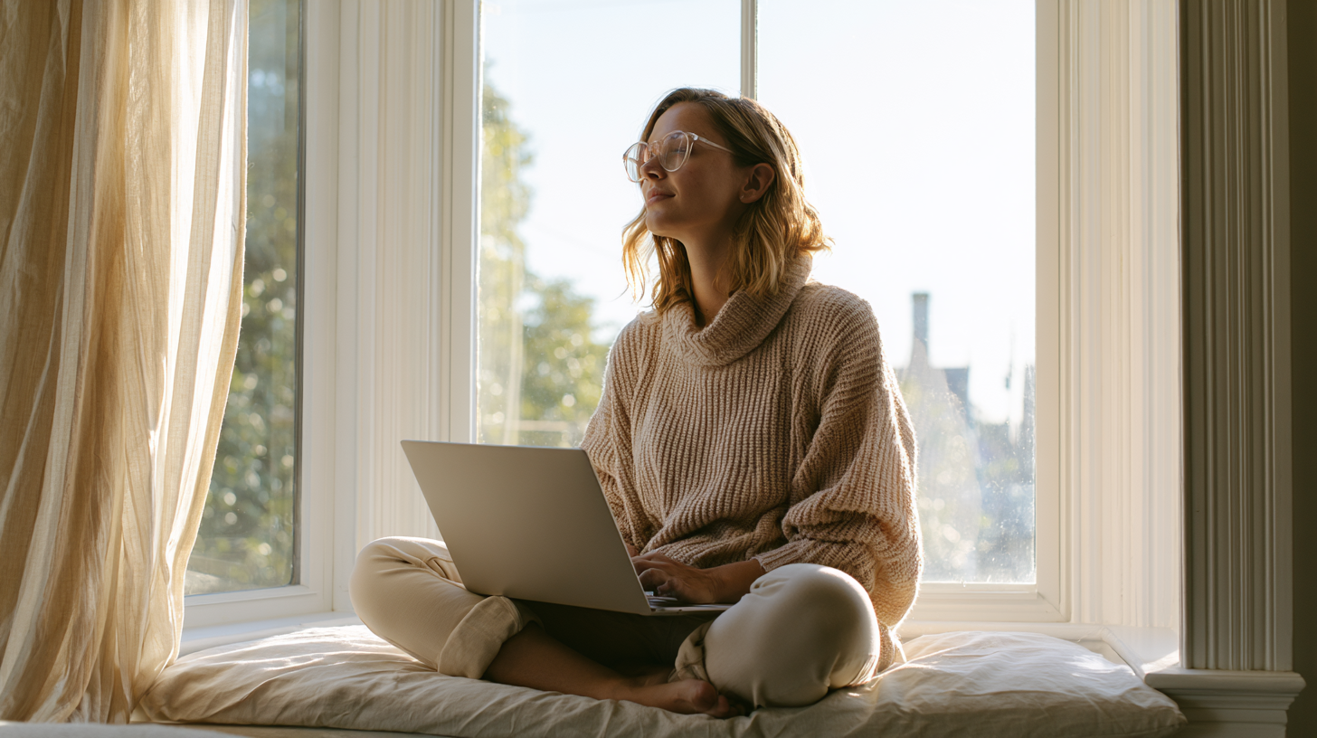 Woman Wearing a Beige Knit Sweater Sits Cross-legged on a Sunlit Windowsill with a Laptop, Gazing Outside.