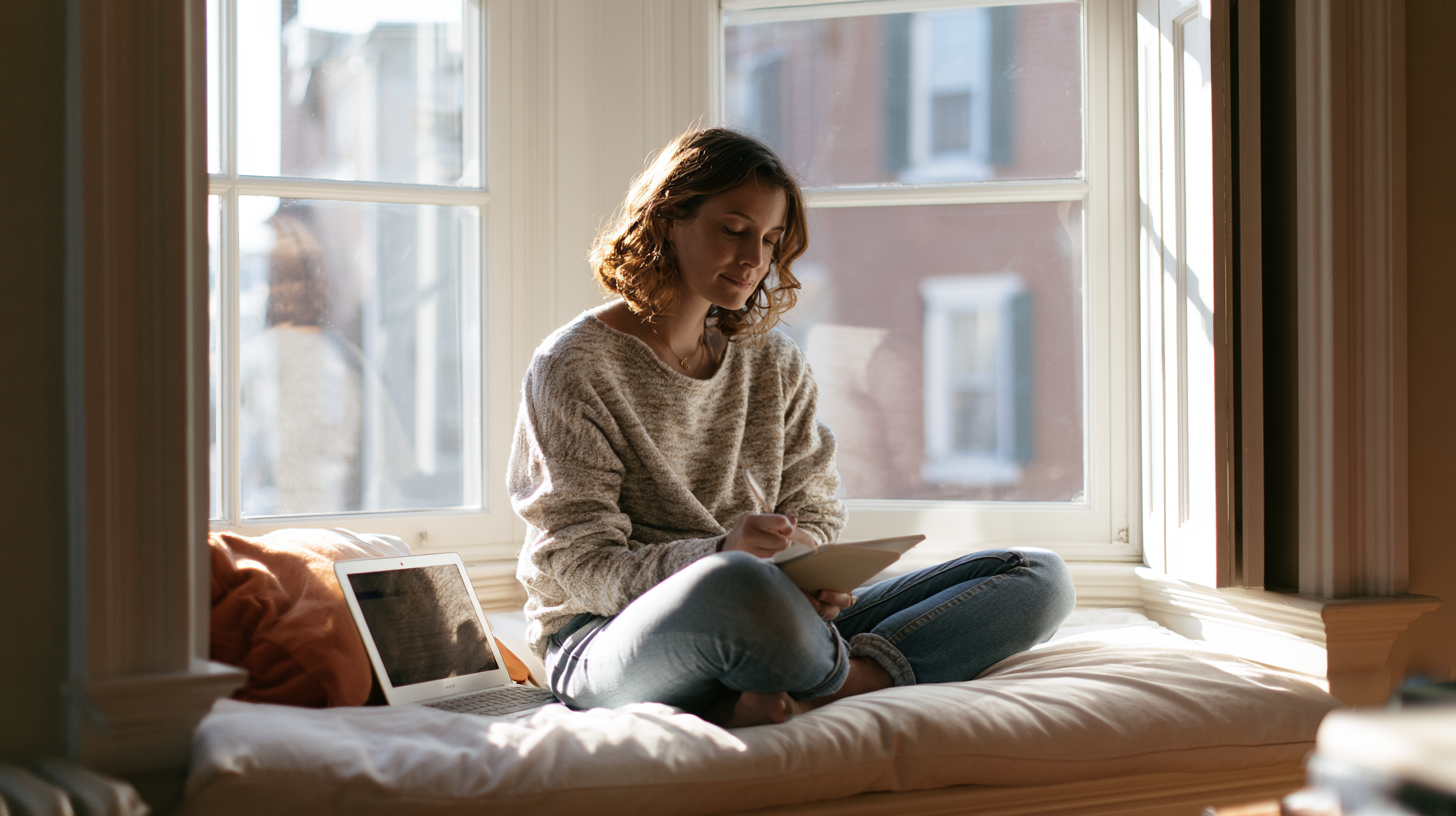 Grief and Loss Counseling DE - Caring Clarity Counseling Woman Sits on a Window Seat Writing in a Notebook with a Laptop Beside Her, Sunlight Streaming In.
