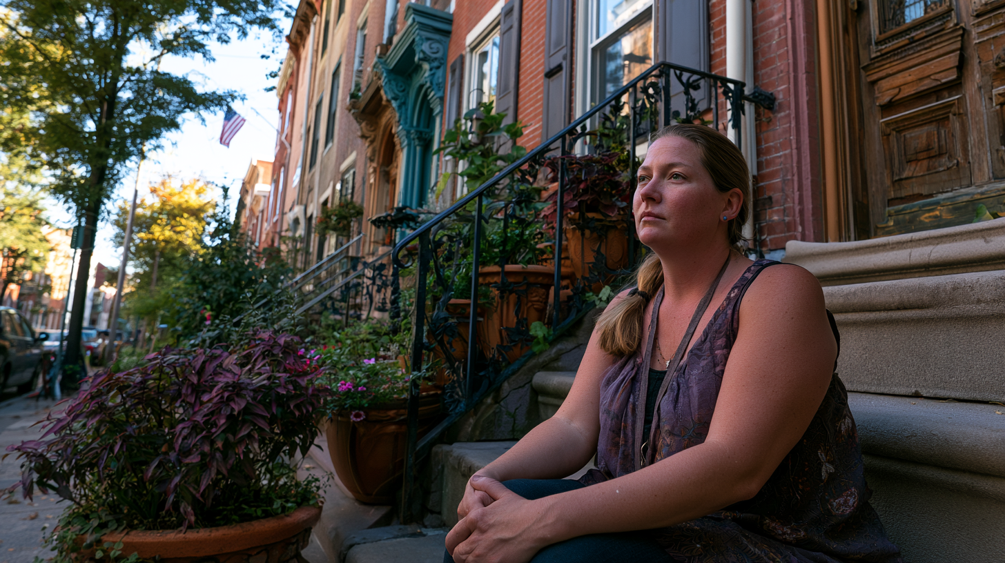 Woman Sits on a Brick Townhouse Stoop on a Leafy City Street, Hands Folded, Looking Contemplative.