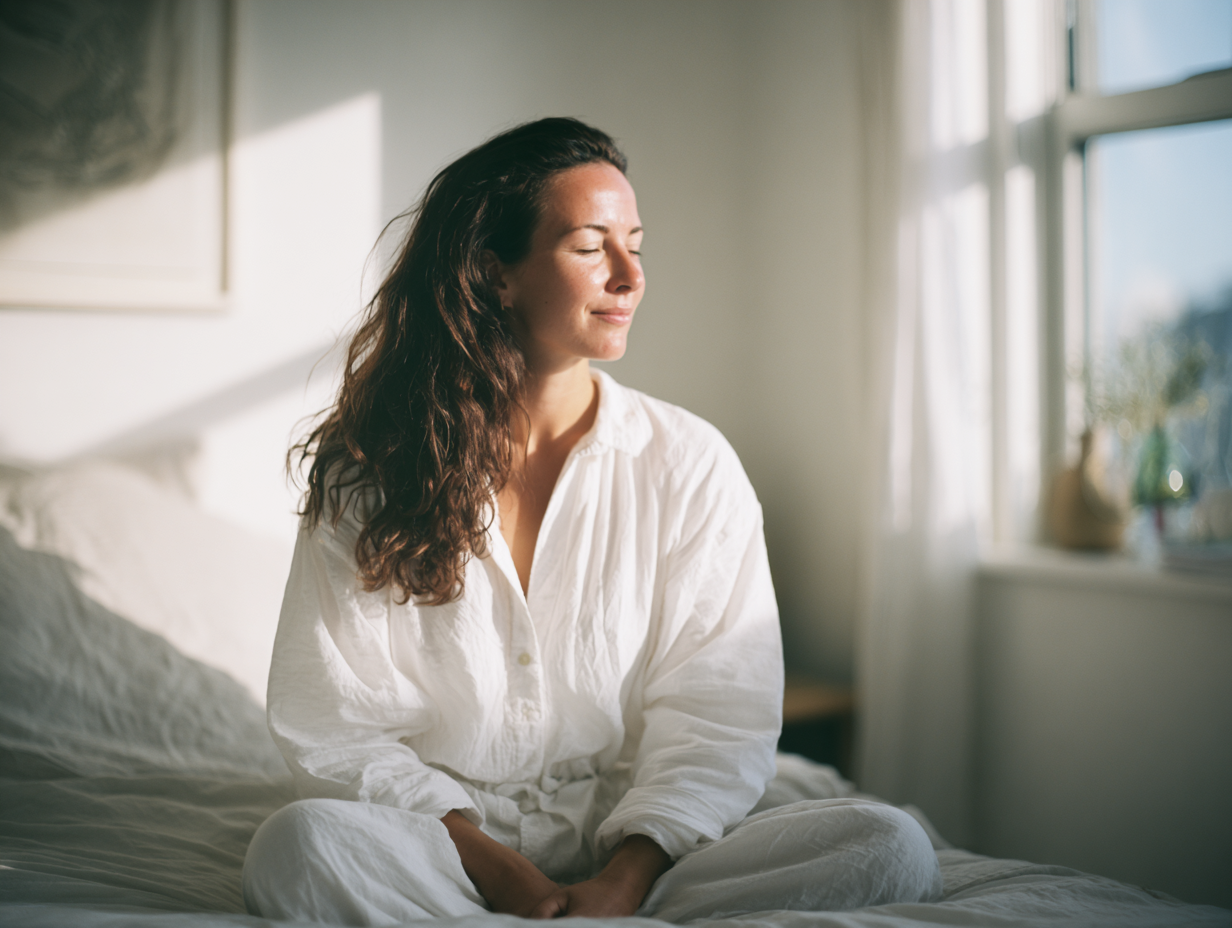 Woman Sits Cross‑legged on a Bed in Warm Sunlight, Eyes Closed, Wearing a White Linen Shirt for a Calm Morning Moment.