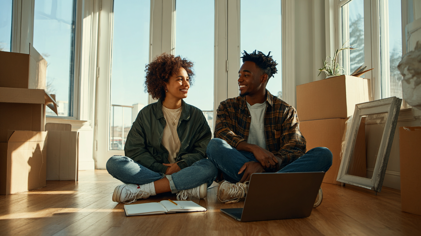 Two Friends Sit Cross‑legged on a Sunny Living Room Floor Among Moving Boxes, Smiling at Each Other with a Laptop and Notebook in Front of Them.