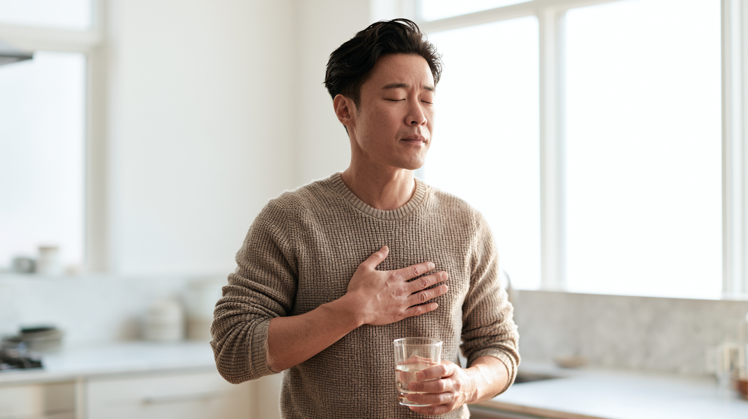 Man in a Beige Knit Sweater Stands in a Bright Kitchen, Hand on His Chest and Holding a Glass of Water, Eyes Closed.