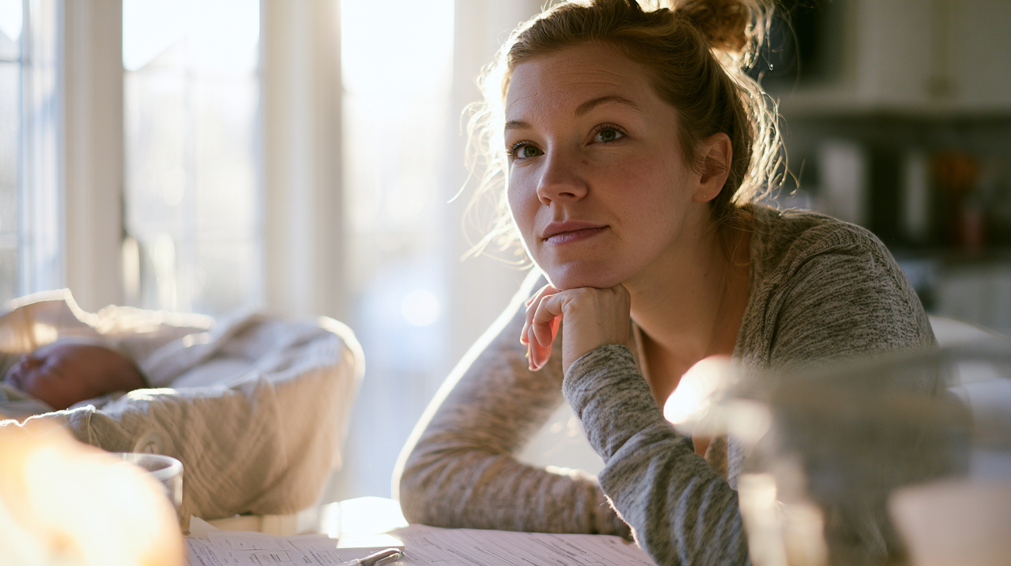 Woman Rests Her Chin on Her Hands at a Sunlit Kitchen Table, with a Sleeping Baby in a Bassinet Nearby.