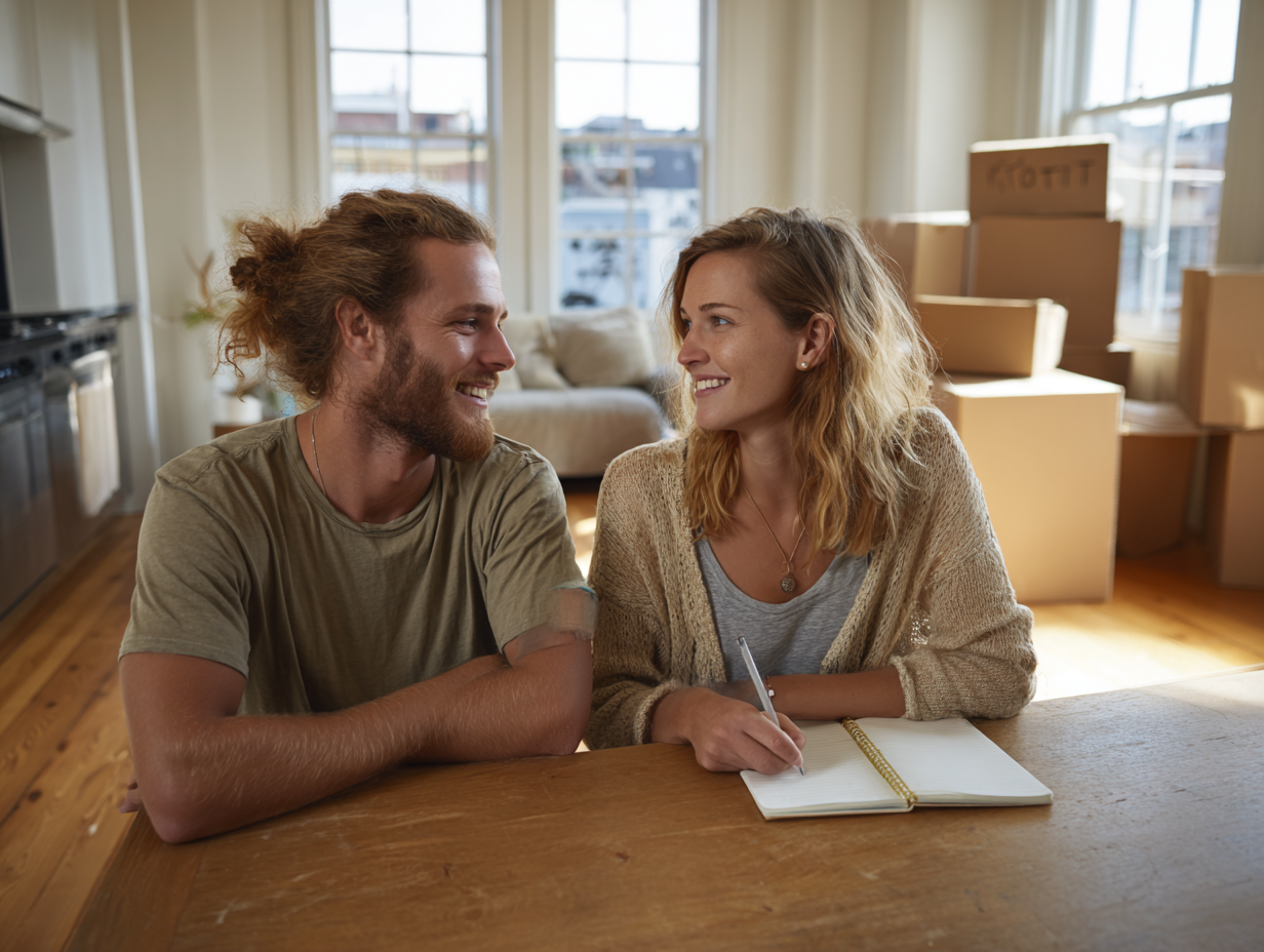 Smiling Couple Sits at a Wooden Table in a Living Room with Packed Boxes in the Background; the Woman Writes in a Notebook While They Chat.