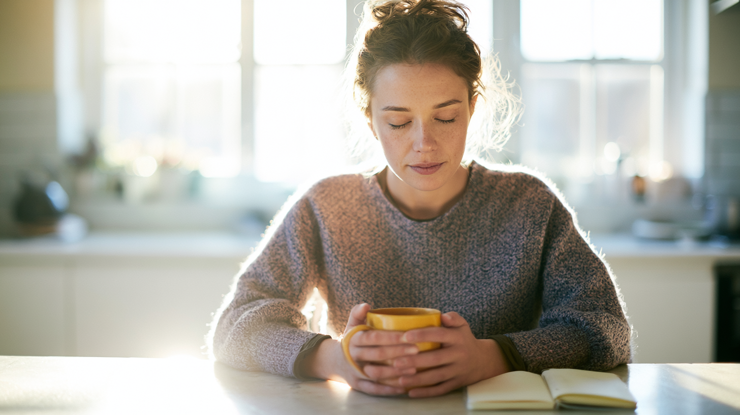 Young Woman with Eyes Closed Sits at a Sunlit Kitchen Table, Holding a Yellow Mug with an Open Notebook Nearby.