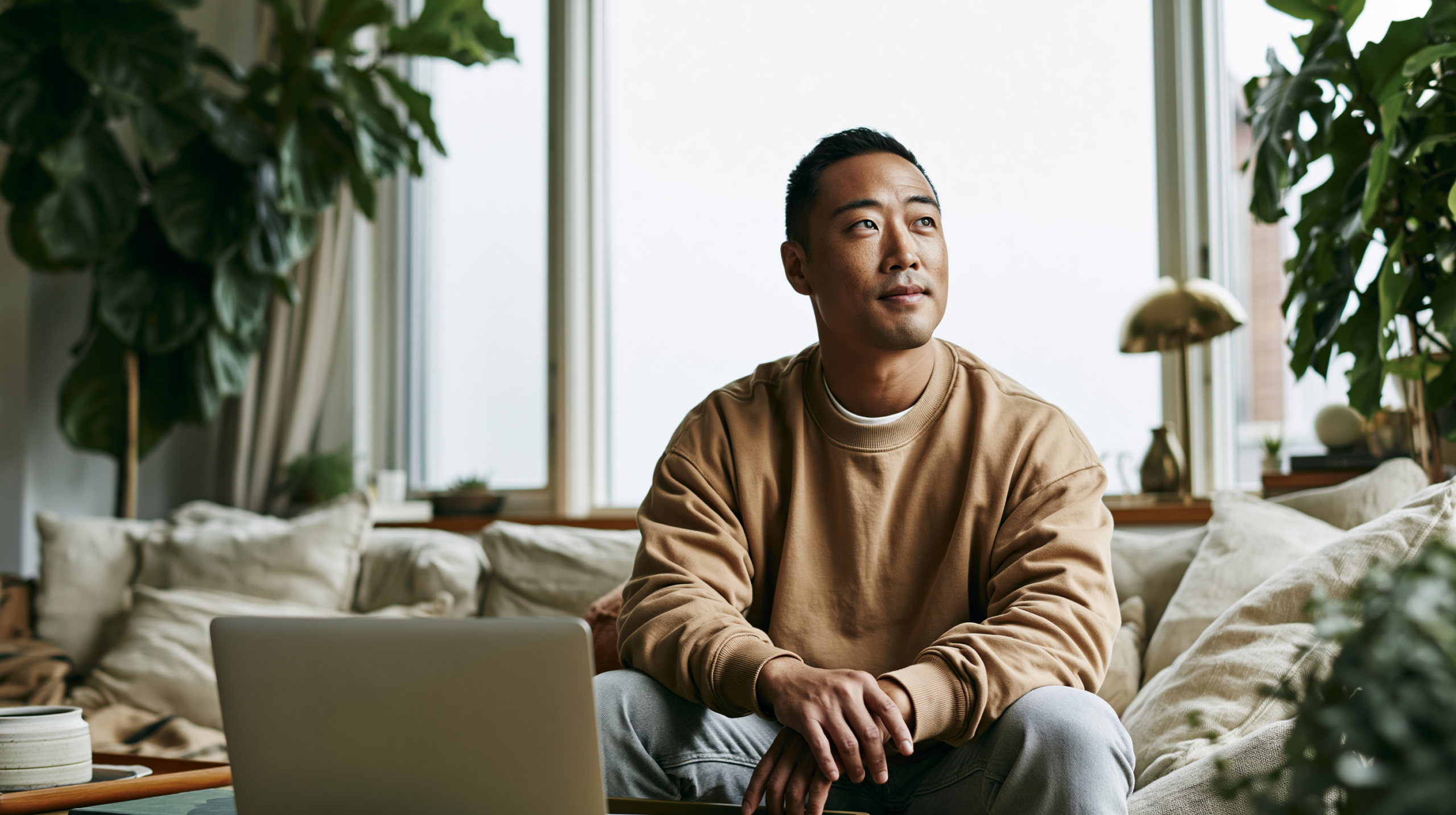 Man Sitting on a Sofa with a Laptop, in a Bright Living Room Filled with Large Houseplants.