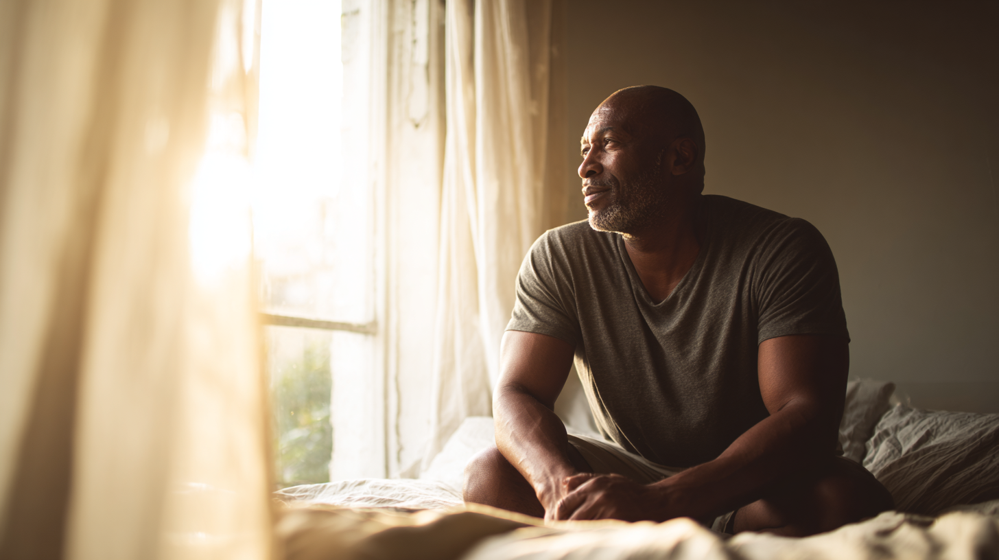 Man Sitting on a Bed by a Sunlit Window, Looking Thoughtfully Toward the Light.