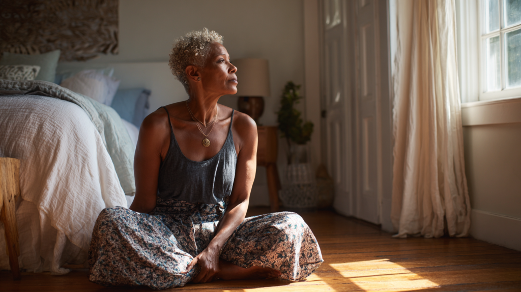 Older Woman with Short Gray Hair Sits Cross-legged on the Floor in a Sunlit Bedroom, Gazing to the Right, Wearing a Gray Tank Top and Floral Skirt.