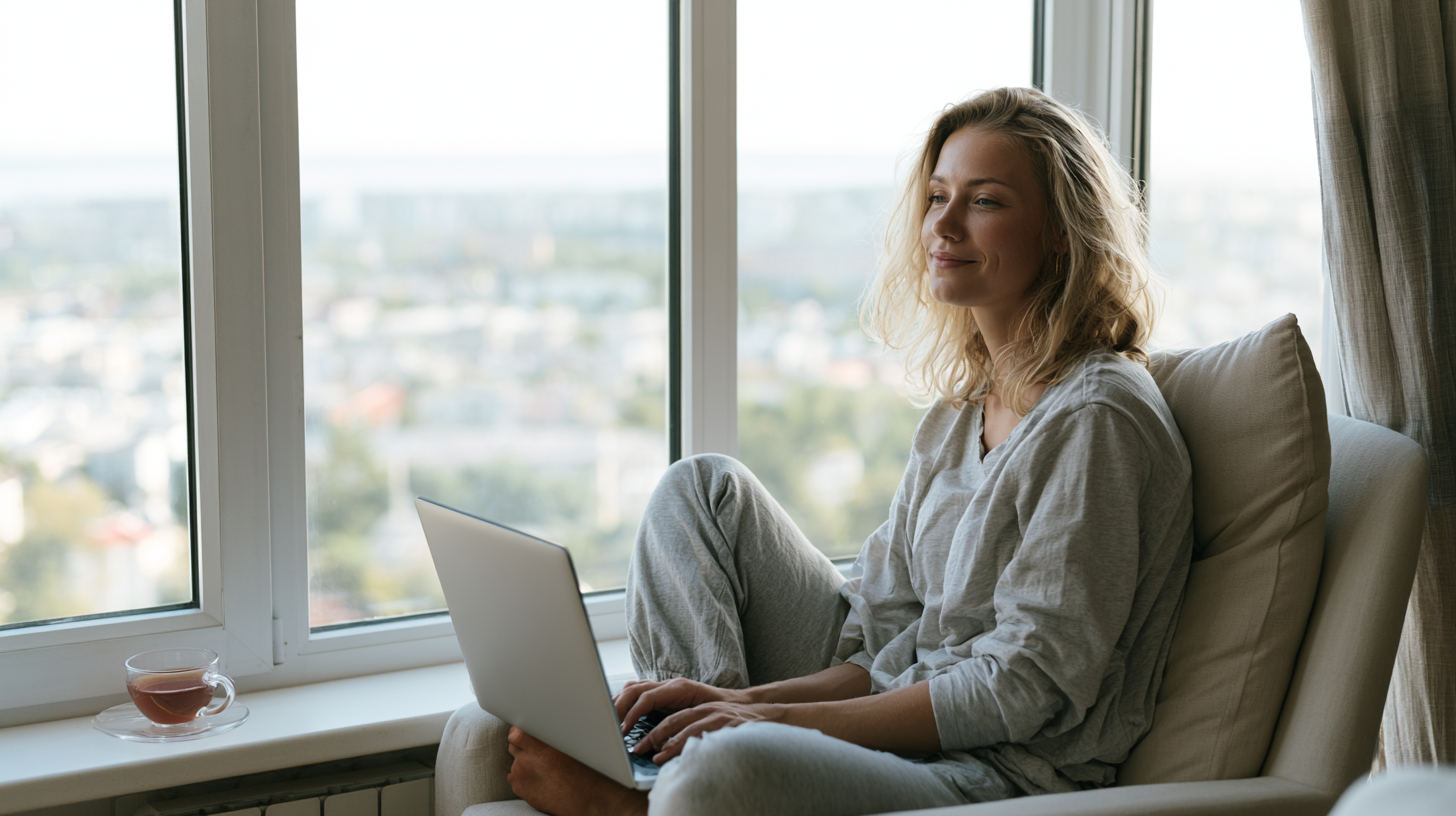 online-therapist - Caring Clarity Counseling Woman Relaxing in a Cushioned Chair by a Large Window, Typing on a Laptop with a Cup of Tea on the Sill Nearby.
