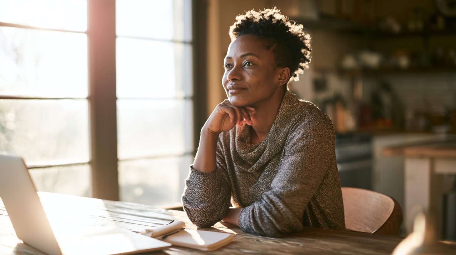 optum-therapist-nj - Caring Clarity Counseling Woman Sits at a Wooden Table with a Laptop, Chin Resting on Her Hand, Gazing Thoughtfully by a Sunlit Window in a Bright Room.