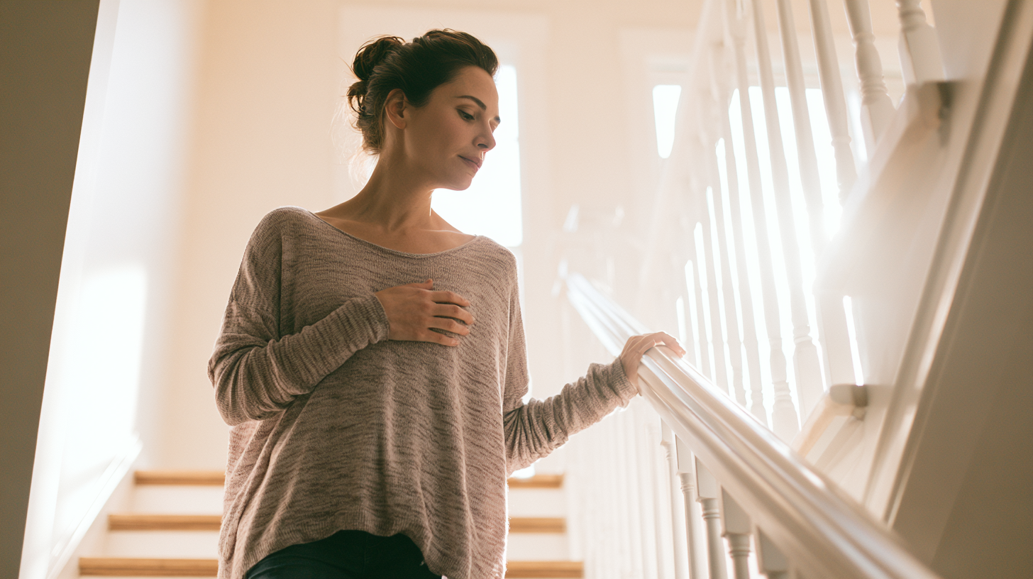 panic-attack-vs-anxiety-attack - Caring Clarity Counseling Woman Standing on a Sunlit Staircase, One Hand on Her Chest and the Other Resting on the Railing, Looking Down with a Calm Expression.