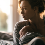 Mother Cradling Her Sleeping Baby Close to Her Chest in a Sunlit Bedroom Window Light Behind Them.