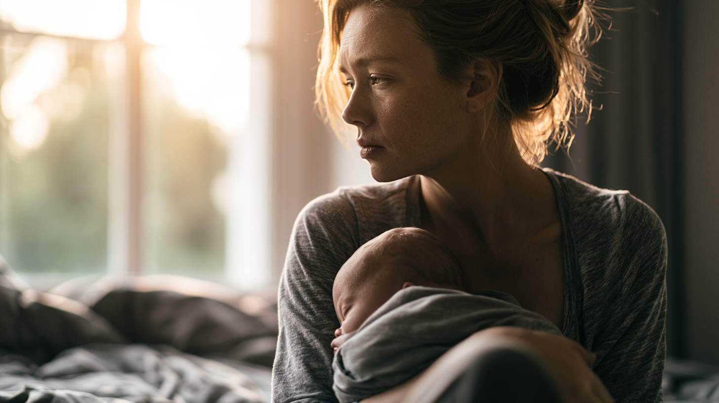 Mother Cradling Her Sleeping Baby Close to Her Chest in a Sunlit Bedroom Window Light Behind Them.