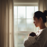 Mother Gently Cradles a Newborn by a Sunlit Window, Soft Curtains Framing the Scene in a Warm Home Interior.