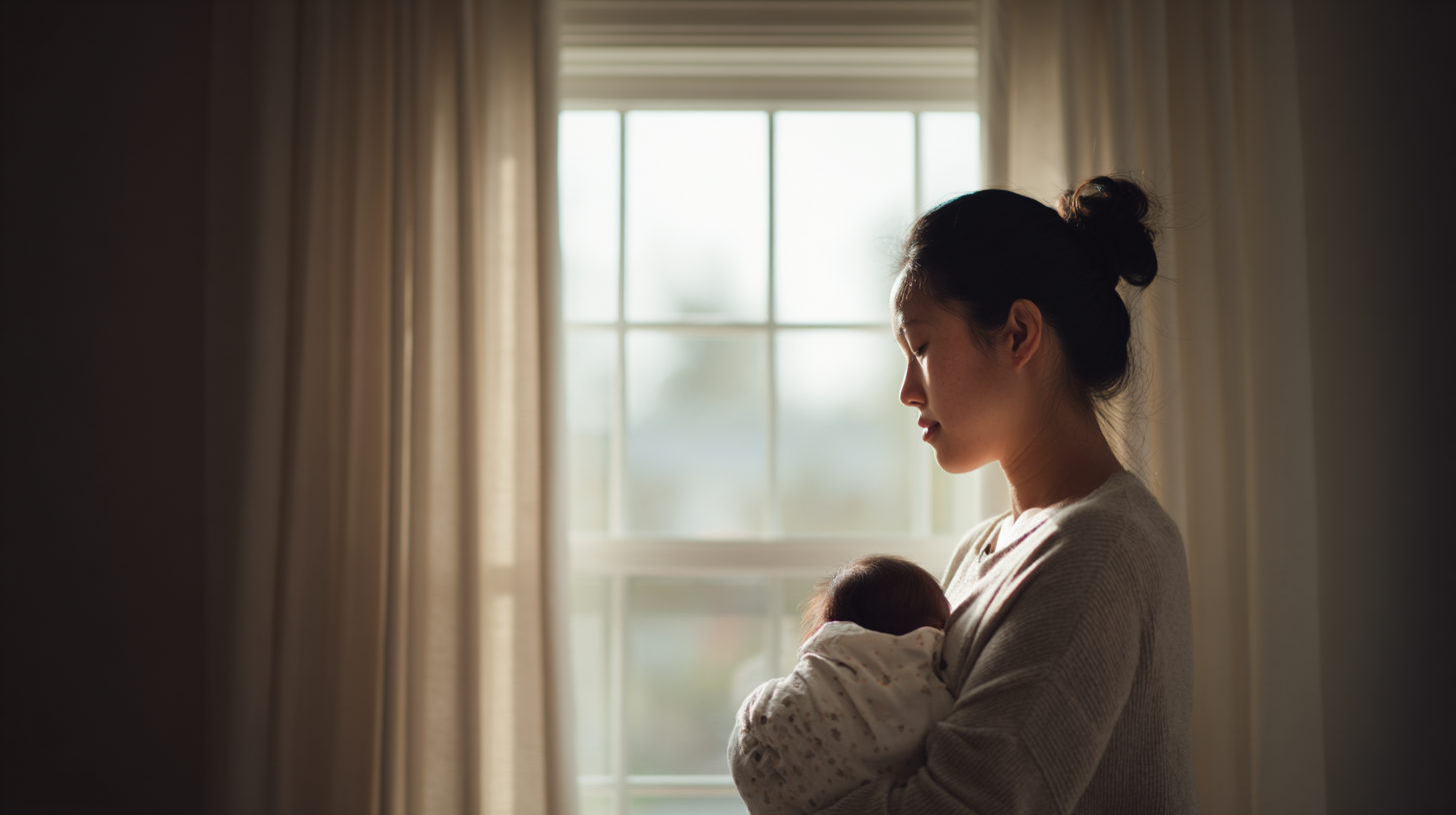 peripartum-onset-depression-is-a-kind-of-depression - Caring Clarity Counseling Mother Gently Cradles a Newborn by a Sunlit Window, Soft Curtains Framing the Scene in a Warm Home Interior.