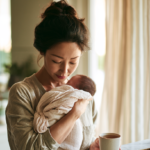 postpartum-perinatal-therapy-delaware - Caring Clarity Counseling Mother Holding a Swaddled Newborn Close to Her Chest in a Sunlit Kitchen Near a Window, with a Mug in Her Hand.