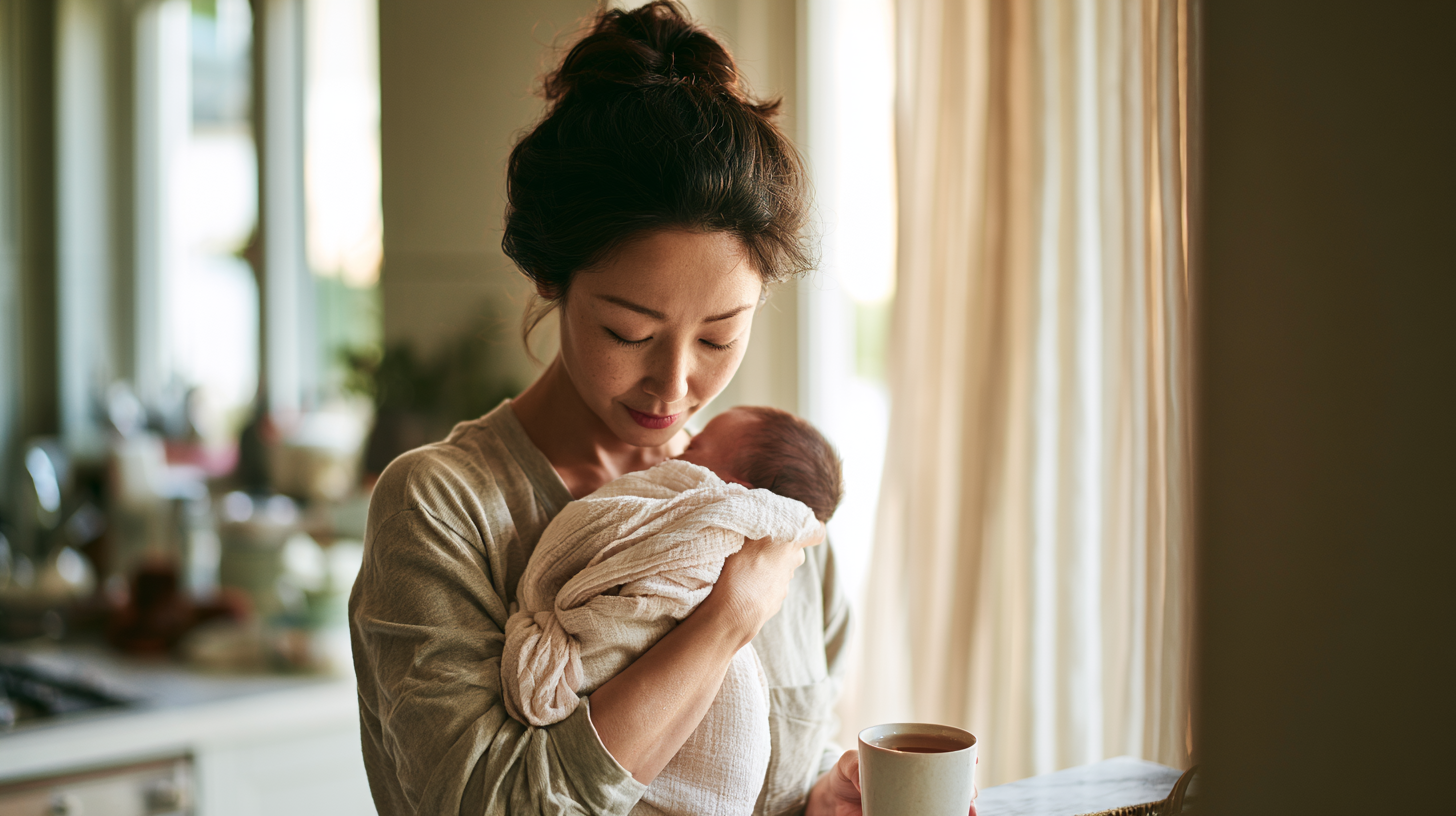 Mother Holding a Swaddled Newborn Close to Her Chest in a Sunlit Kitchen Near a Window, with a Mug in Her Hand.