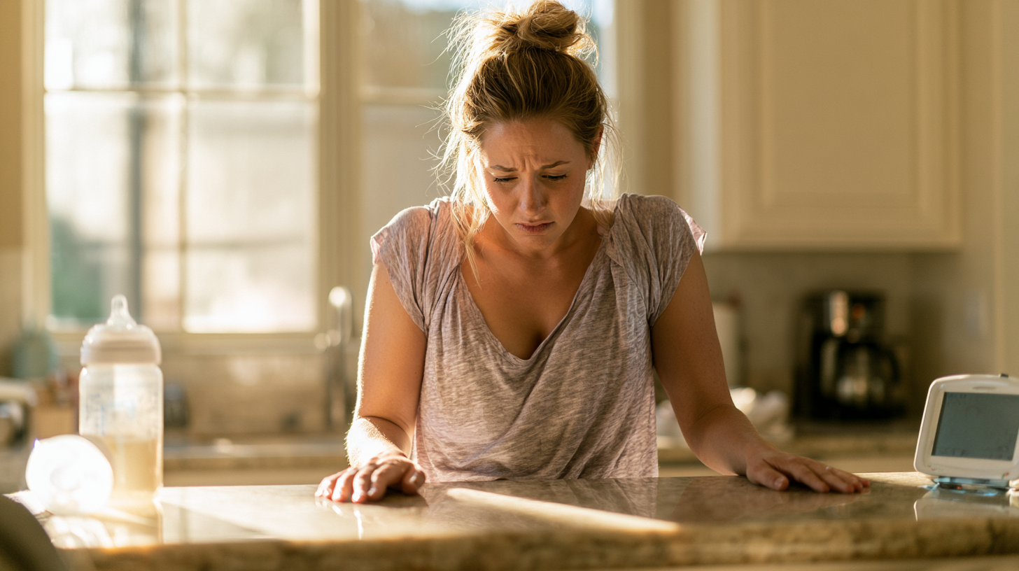 an Anxious Woman in a Gray T-shirt Leans on a Kitchen Counter, Hands Resting on the Surface, with a Baby Bottle on the Left and a Small Device on the Right.