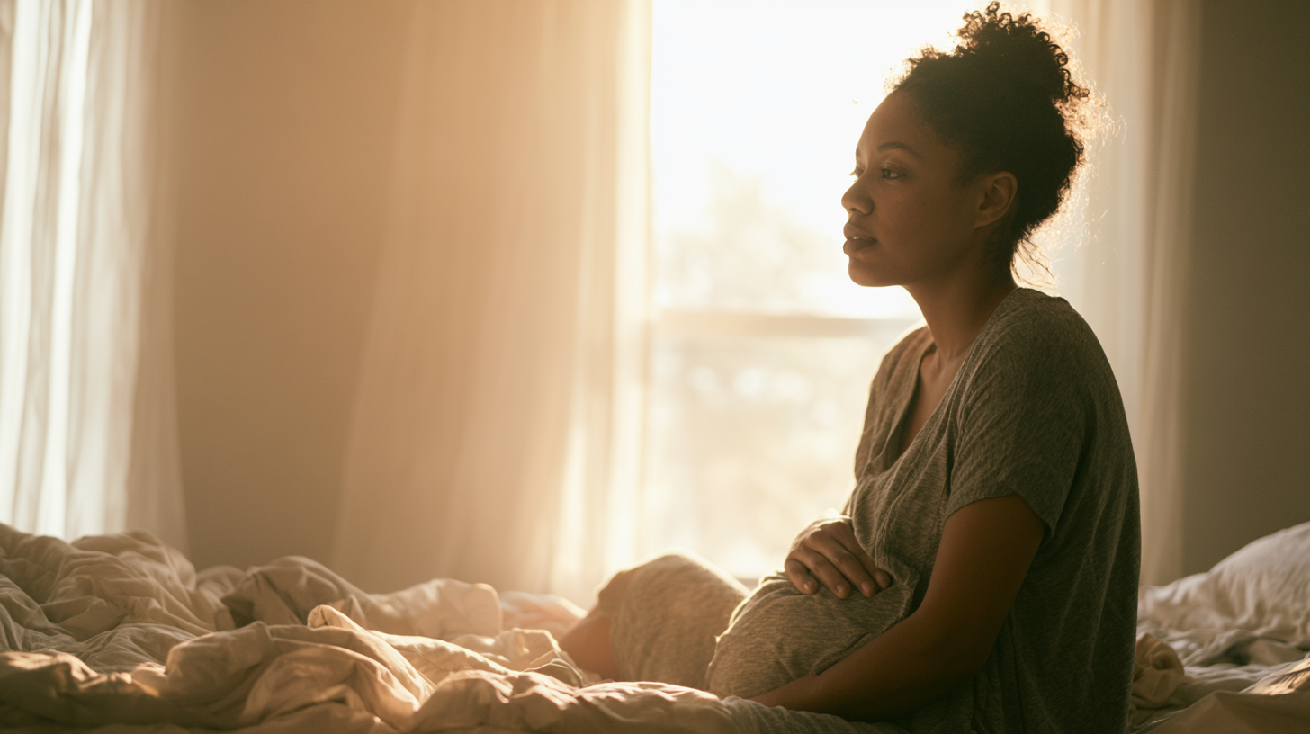 Pregnant Woman Sitting on a Sunlit Bed, Cradling Her Belly and Gazing off Thoughtfully.