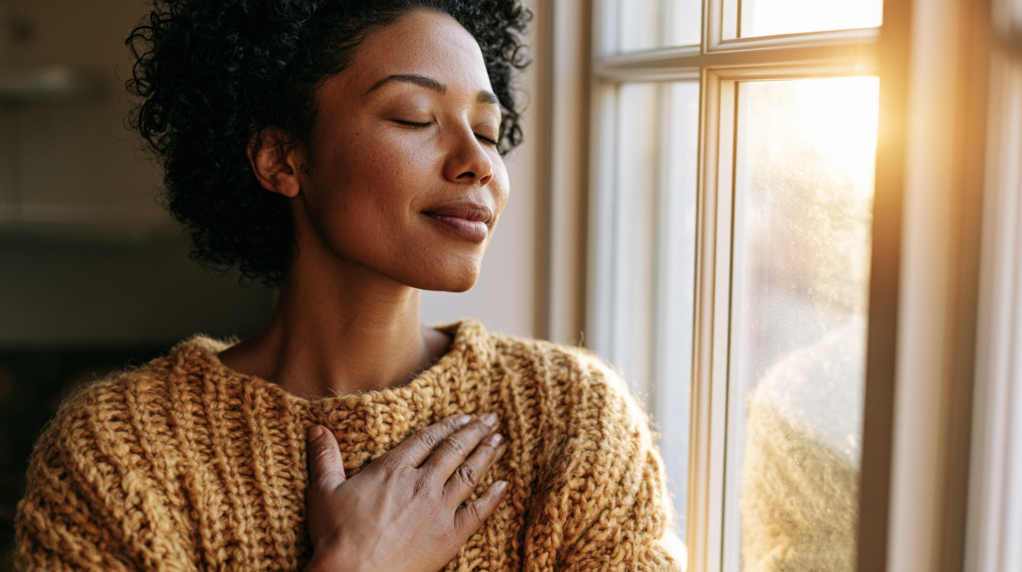 Woman with Short Curly Hair, Wearing a Chunky Tan Sweater, Eyes Closed, Hand on Her Chest by a Sunlit Window.