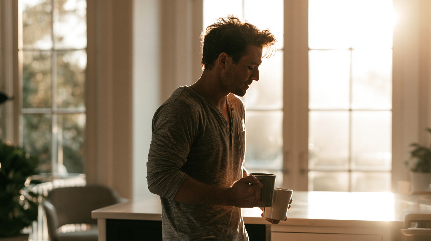 a Man Stands in a Sunlit Kitchen, Holding Two Mugs and Looking Down at Them.