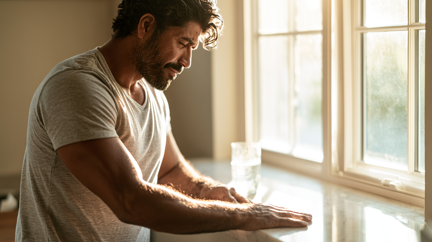 Man in a Gray T-shirt Leans on a Sunlit Window Counter, Hands Flat on the Surface, Looking Down in Contemplation.
