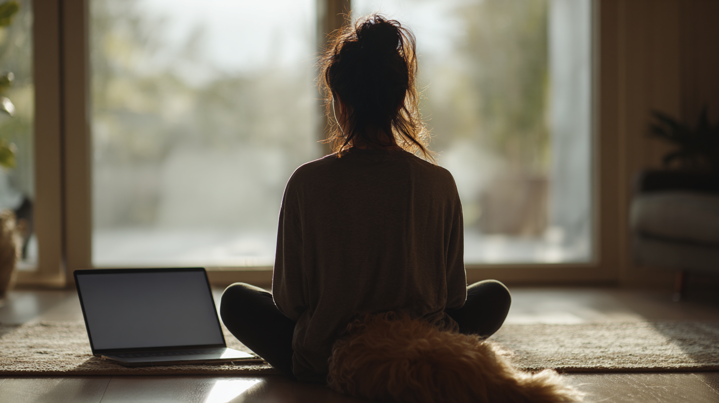 ptsd-treatment-near-me - Caring Clarity Counseling Person Sitting Cross-legged on a Rug Facing a Large Window; Laptop to Their Left and a Fluffy Dog Resting Nearby.