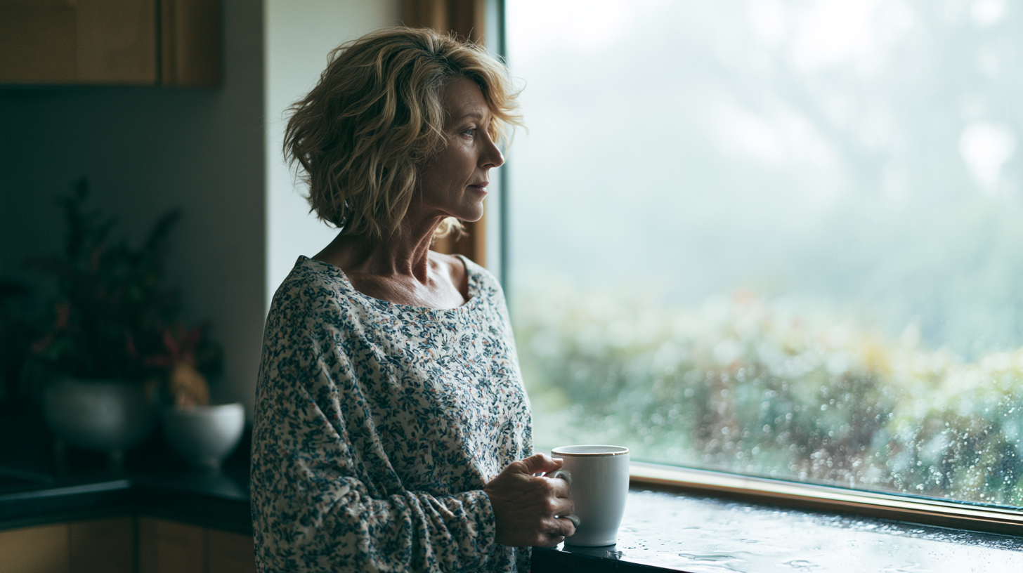 Woman with Short Blonde Hair in a Floral Top Stands by a Kitchen Window, Holding a Mug and Looking Outside on a Rainy Day.