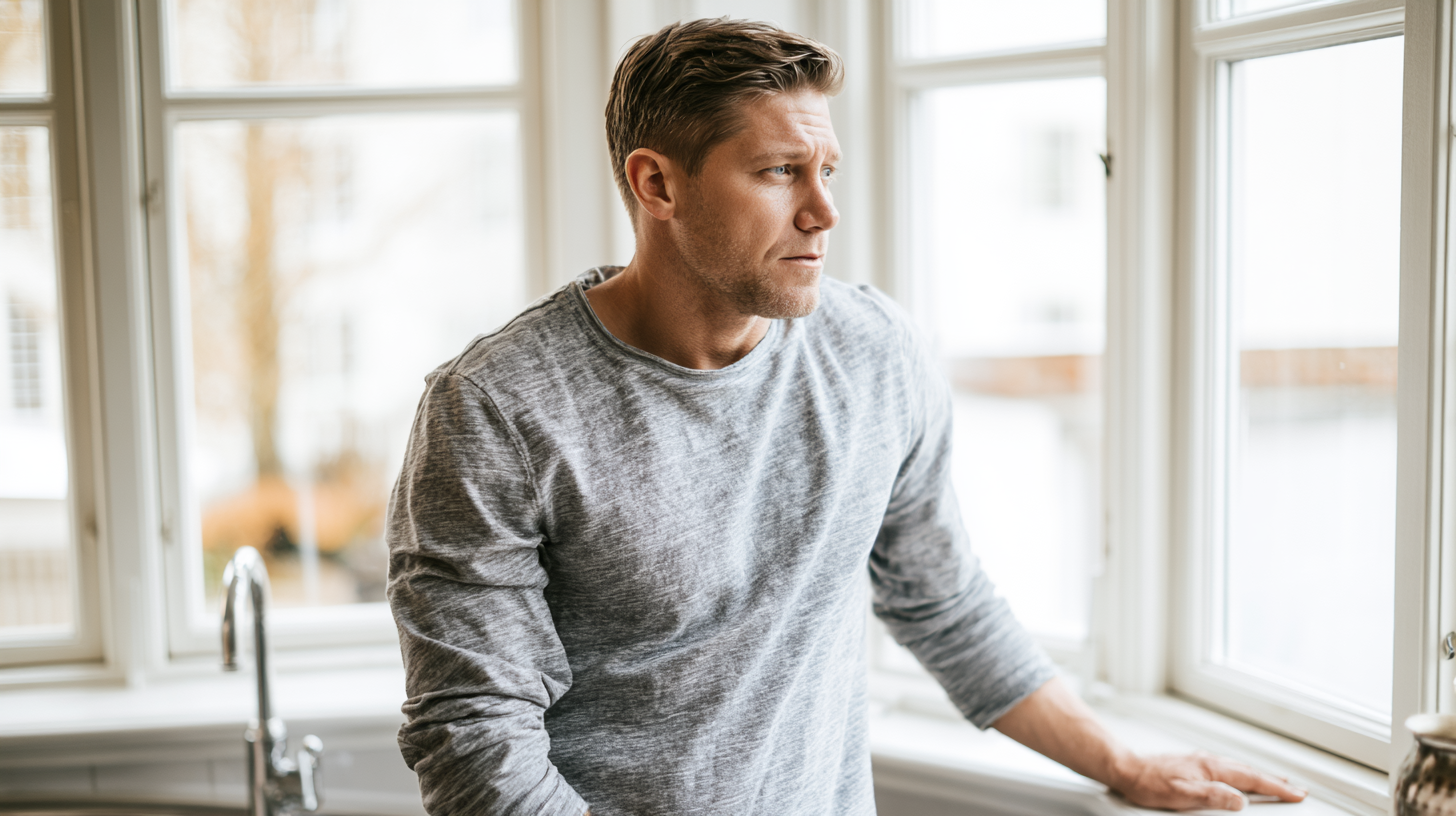Man in a Gray Long-sleeve Shirt Leaning on a Kitchen Windowsill, Looking Thoughtfully out the Window.
