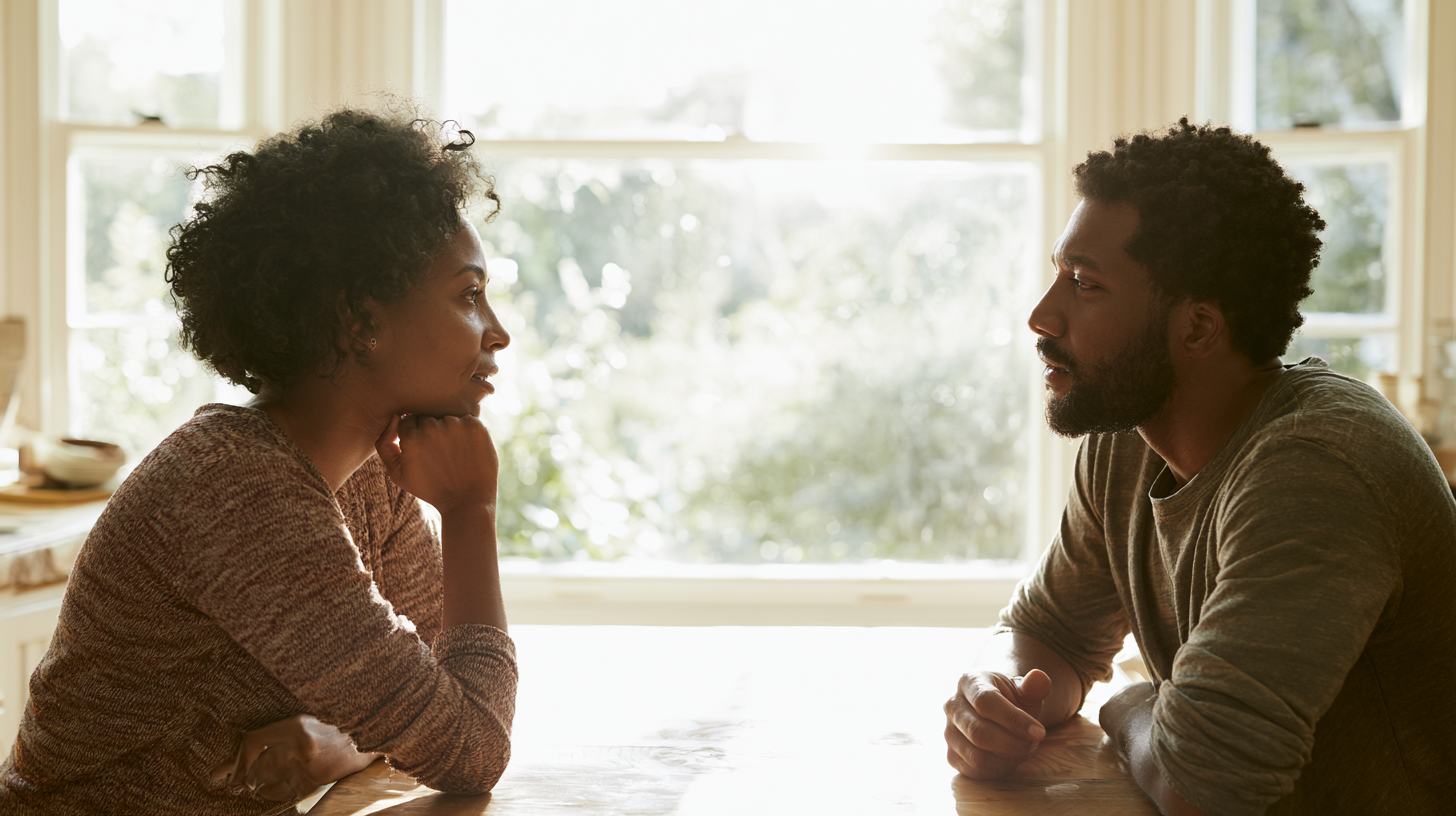 therapists-for-relationship-issues - Caring Clarity Counseling Two Adults Converse at a Sunlit Kitchen Table, Facing Each Other with Relaxed Postures.