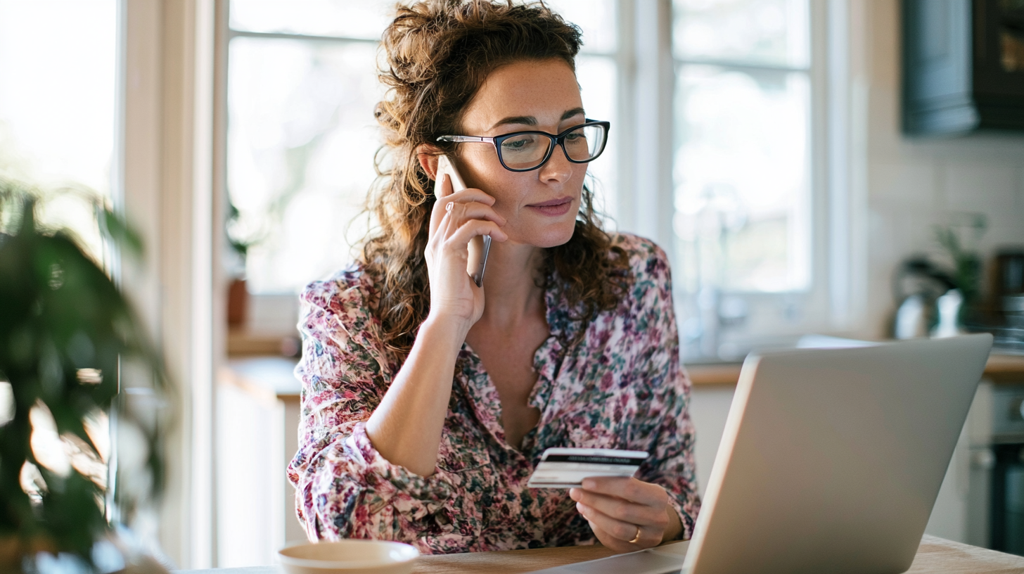 Woman Wearing Glasses at a Kitchen Table, Talking on Her Phone While Holding a Credit Card and Using a Laptop.