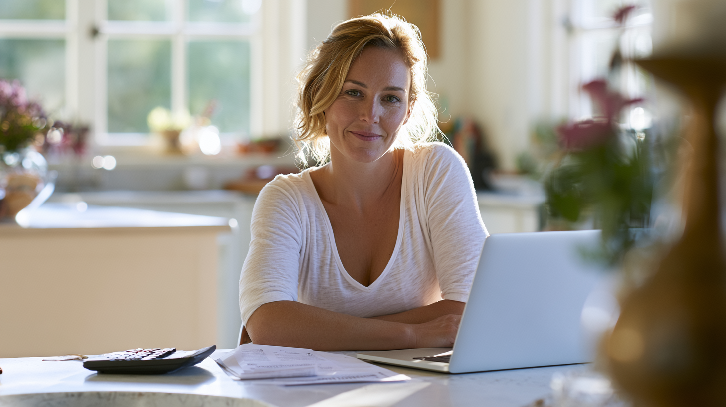 Woman with a Light Cardigan Sits at a Bright Kitchen Table, Typing on a Silver Laptop with Papers and a Calculator Nearby, Smiling at the Camera in Natural Light in a Home Setting.