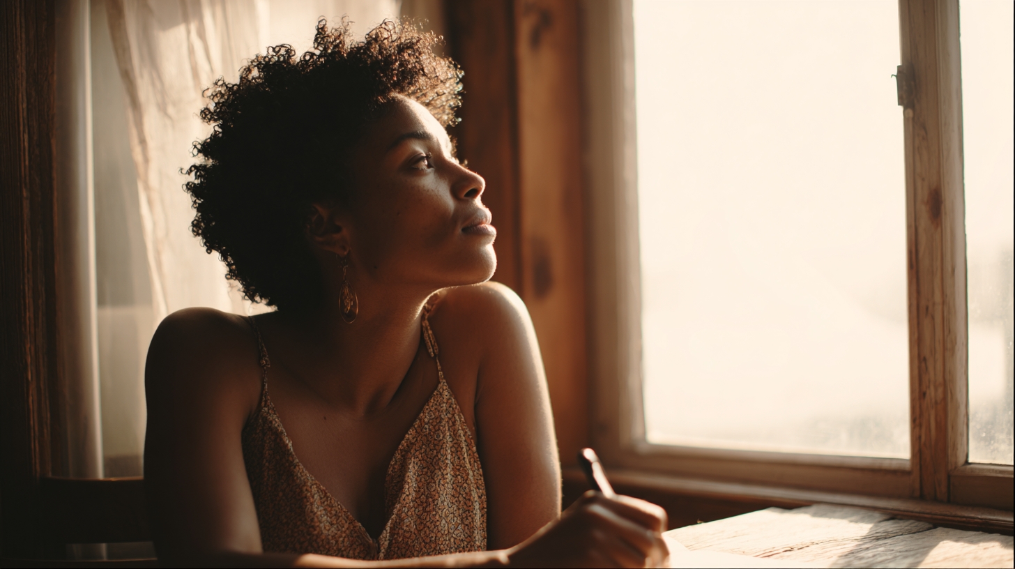 Portrait of a Woman with Curly Hair Sitting by a Sunlit Window, Gazing Upward.