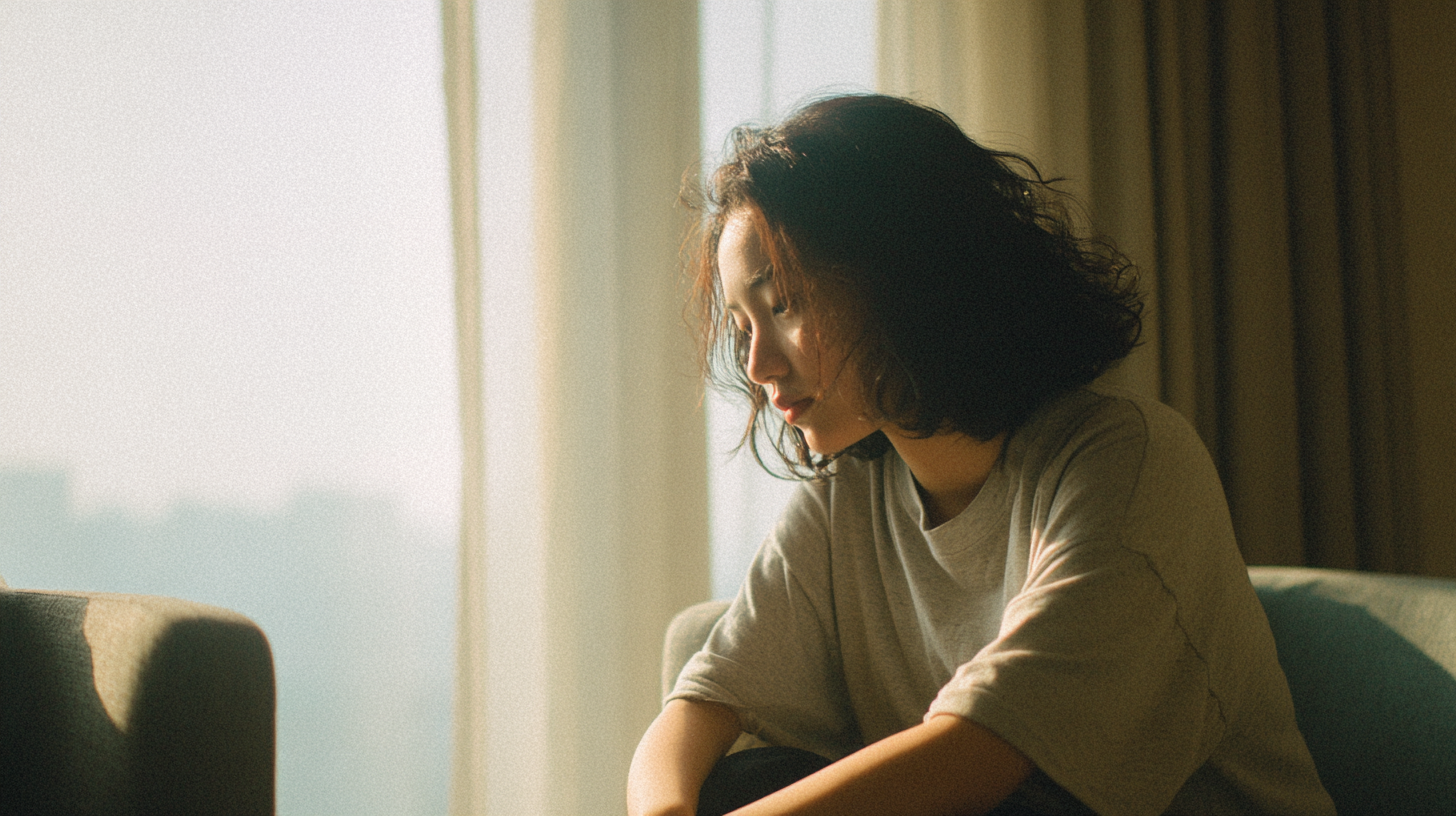 therapy-shyness - Caring Clarity Counseling Young Woman Sits on a Sofa by a Sunlit Window, Looking Down with a Thoughtful Expression.