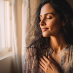tight-chest-anxiety - Caring Clarity Counseling a Woman with Closed Eyes and a Gentle Smile Rests Her Hand on Her Chest by a Sunlit Window, Conveying Calm and Contemplation.