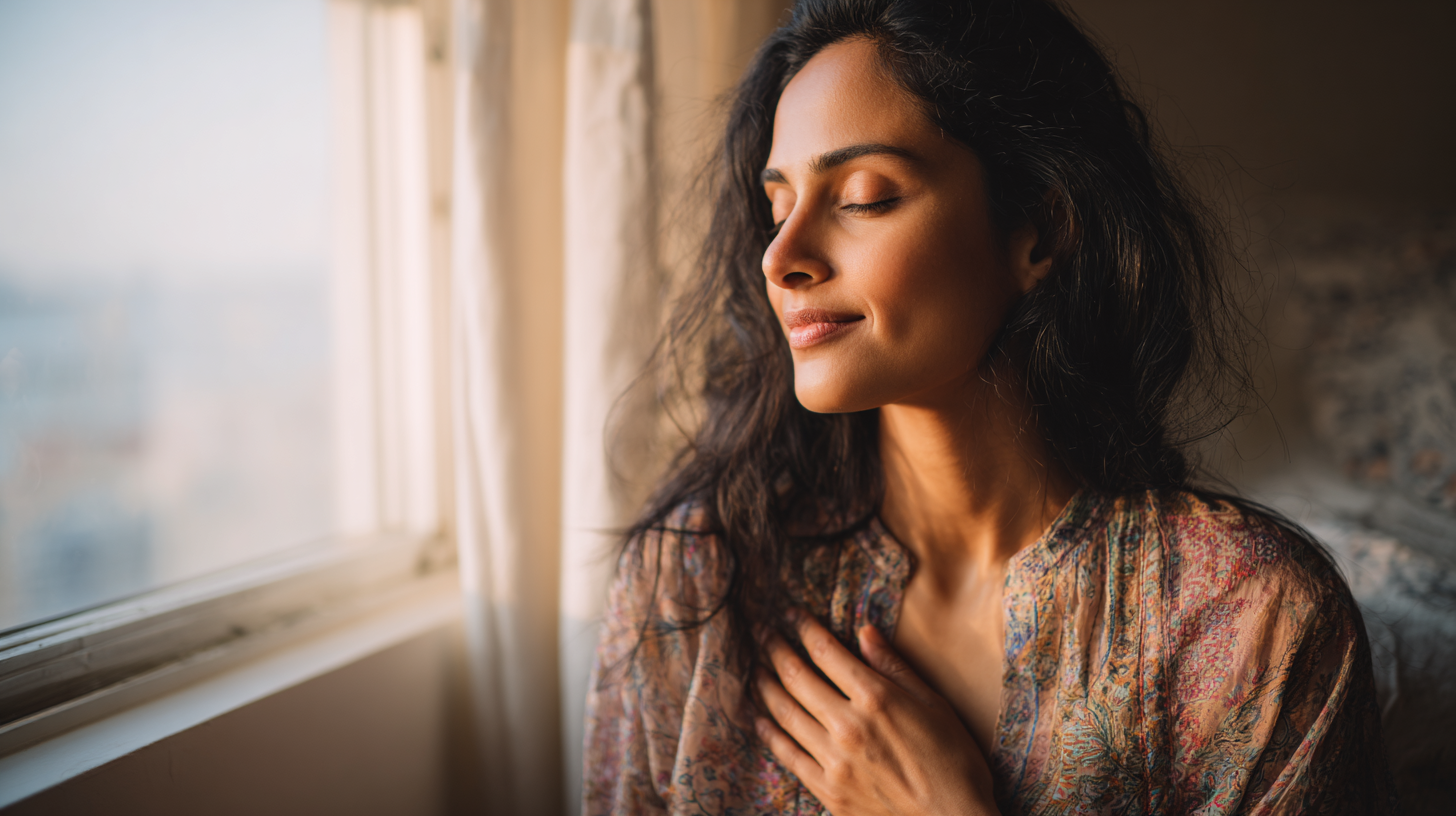 tight-chest-anxiety - Caring Clarity Counseling a Woman with Closed Eyes and a Gentle Smile Rests Her Hand on Her Chest by a Sunlit Window, Conveying Calm and Contemplation.
