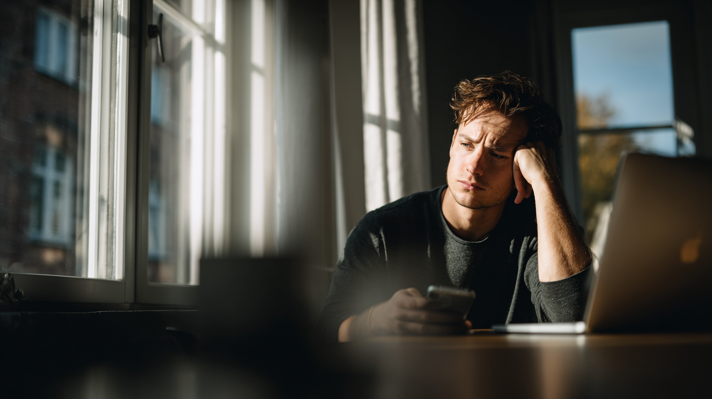 Young Man Sits at a Desk by a Window, Resting His Head on One Hand While Looking at His Phone in Front of a Laptop.