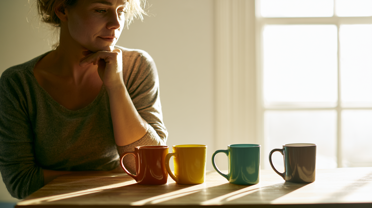 types-of-trauma-therapy - Caring Clarity Counseling Contemplative Woman Resting Her Chin on Her Hand Beside a Row of Colorful Mugs on a Wooden Table in Warm Sunlight.