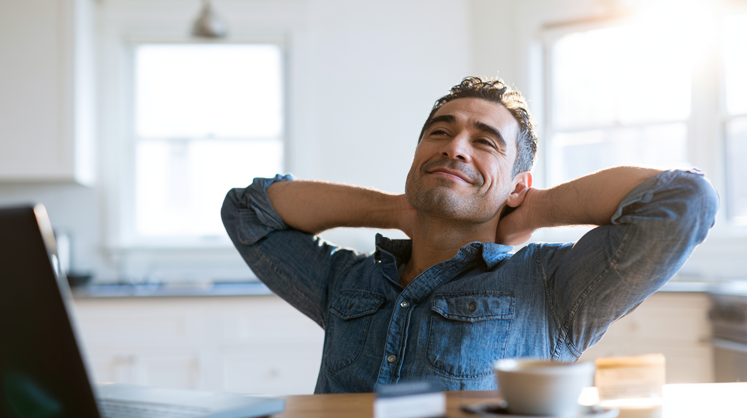 Man in a Denim Shirt Leans Back with Hands Behind Head, Smiling at a Sunlit Kitchen Desk with a Laptop Nearby